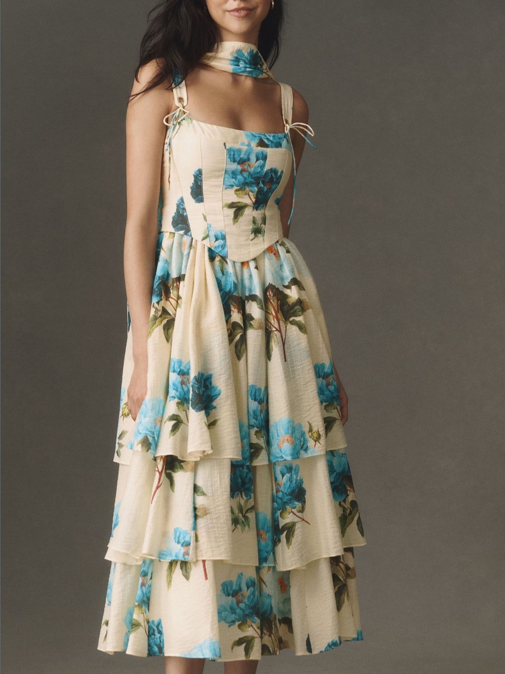 Anthropologie White Floral Tiered Dress with Blue Flowers